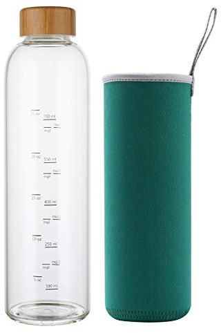 sunkey Bouteille d'eau en Verre 1L avec Bouchon Housse sans Bpa Réutilisable pour Sport, Gym, Voyage (Vert)