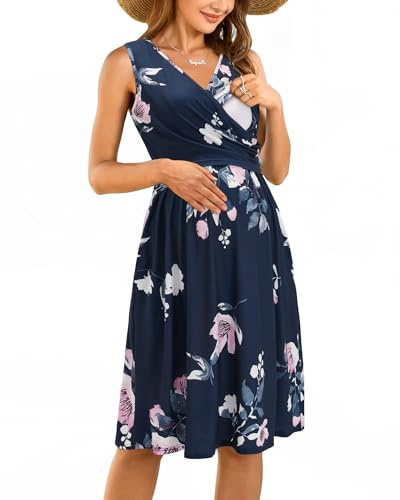 OUGES Damen V-Ausschnitt Ärmellos Sommer Blumen Umstandskleider Stillkleid mit Taschen(Floral8-315,L)