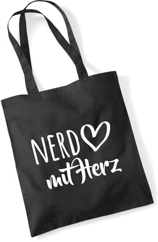 Huuraa Jutebeutel Nerd mit Herz 10 Liter Black Baumwolle Tasche Geschenkidee