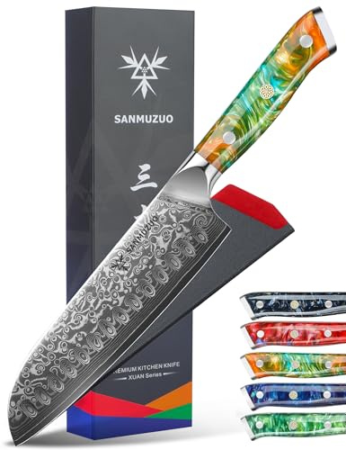 SANMUZUO Damastmesser 18 cm Santokumesser - Japanisches Kochmesser - VG 10 Damaskus Stahl Küchenmesser mit Harzgriff - Xuan Serie(Dream Orange)