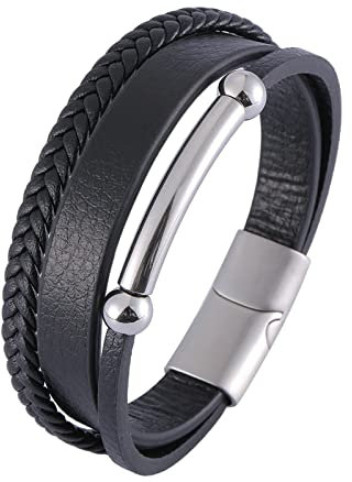 Ayoiow Männer Armband Indianer, Armband Metall Kette Armband Männer Leder 3 Lagiges Schwarz Armband mit Silber Schnalle