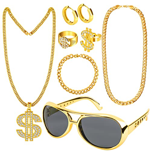 Dreamtop 8 Stück Dollar Kette set Goldene Dollar Halskette Ring Retro Sonnenbrillen Armband Ohrringe Hip Hop Schmuck Accessories Set 80er 90er Hiphop Schmuck Gold Millionär für Men Fasching Karneval
