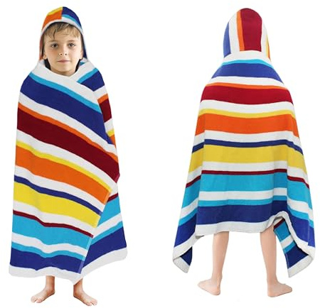 ORIGINAL KIDS Hooded Bath Towel Wrap - 100% Cotton Terry Large Oversized Hooded Kids Towel - Toddler Shower Pool Beach Towel - Soft Plush Absorbent Quick Dry Easycare Gift - 30x60- Cabana Stripe Multi