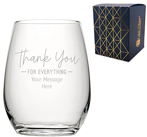 Personalised Engraved Stemless Wine Glass with Thank You for Everything Design, Personalise with Any Message, Gift Box Included, Laser Engraved, Thank You Gratitude Retirement Teacher Gift