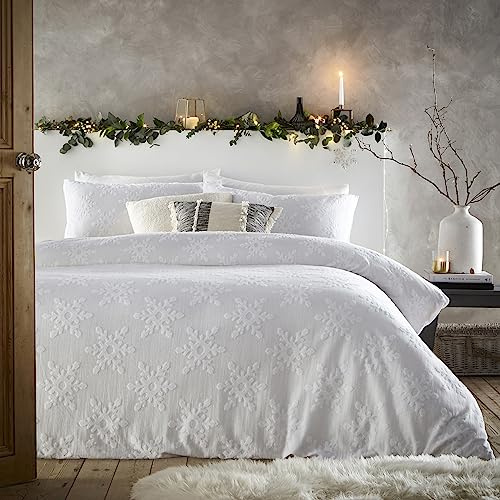 furn. Tufted Snowflake Bettbezug Set (Weiß - Einzelbett) | Knackige Perkal Bettwäsche Aus 100% Baumwolle Mit Eleganter Struktur In Schneeflocken-Optik