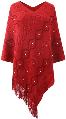 Rayson Poncho Femme Tricot avec Franges à Pompons Elégant Cape à col en V Léger Poncho en Maille avec Un Motif tressé Ponchos et Capes d'automne/Hiver,Rose