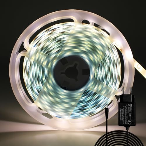 ShineBurky 12V LED Streifen Warmweiß 5M LED Strip Flexibel Schneidbar | SMD2835 IP65 Wasserdichtes Selbstklebend Lichtband für Innen Schlafzimmer Kneipen Küche Weihnachten Deko (mit Netzteil)