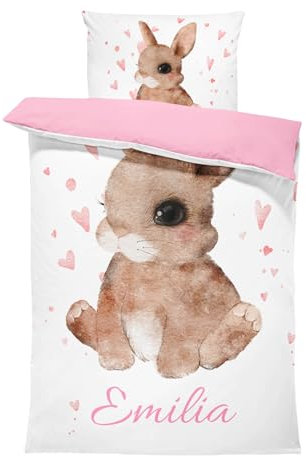 Ensemble de Parure de Lit Personnalisable avec Nom pour Bébé et Enfant - Couleur de base en coton sélectionnable - Animaux, Housse de Couette Zippée et Taie d'Oreiller Incluses (lapin, 80 x 120)