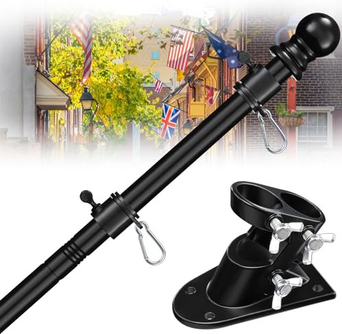 House Flag Pole Kit - 5-7 Ft Adjustable Tangle Free Flag Poles for 3x5 4x6 Flags Outdoor with Bracket - Heavy Duty Stainless Steel Flagpoles Residential Commercial for Outside Porch Boat Truck