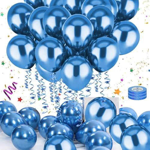 Mbsomnus 60 Piezas Globos de Cumpleaños Azules con 3 Rollos de Cintas de Colores 12 Pulgadas Globos de Látex Globos Metálicos para Boda Graduación Arco Fiesta Bautizo Decoración