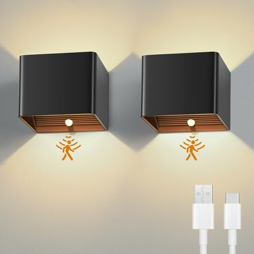 Euakee 2 Stück 4000mAh Akku Wandleuchte, LED wandleuchte Innen, Innen Wandlampe Ohne Stromanschluss mit Bewegungsmelder Aufladbar LED Wandleuchte Kabellos Wall Lampe für Schlafzimmer Treppe (Schwarz)