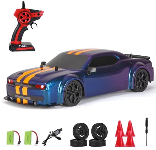 Dodoore Ferngesteuertes Auto 30 km/h RC Auto Drift 1/14 4WD 2,4 GHz 40 Minuten Spaß Cooles Licht Austauschbare Reifen Wiederaufladbar Geschenkspielzeug für Kinder Erwachsene Blau 2 Batterien