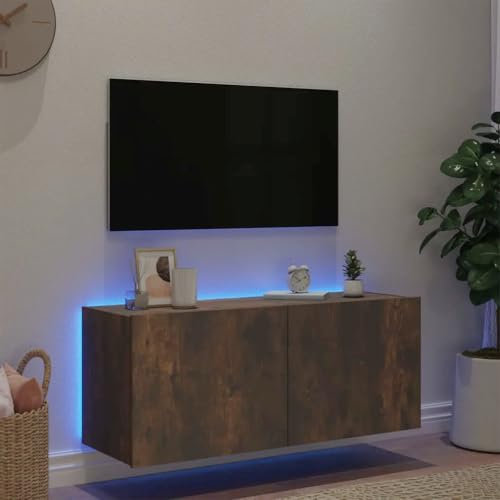 Canditree Meuble TV Suspendu avec Lumières LED, étagère TV Murale avec 2 Portes, Meuble TV Flottant 100 cm (chêne fumé)