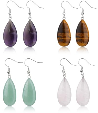 SUPERFINDINGS 4 Paar Naturstein Ohrringe Edelstein Tropfen Ohrringe Mehrfarbige Baumelnde Ohrringes Rosenquarz Amethyst Grüner Aventurin Tigerauge Ohrringes Schmuck