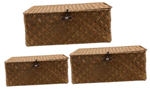 VILLFUL 3stücke Rattanmöbel Aufbewahrungsbox Geflochtene Korb Mit Deckel Dekorativ Für Schreibtisch Spielzeug Kosmetik Organizer Haushalts Kleinigkeiten Lagerung