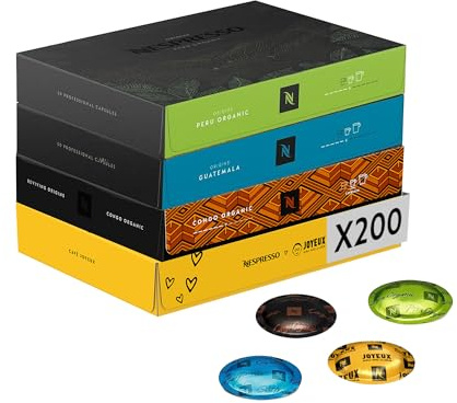 Nespresso Professionnel - Bundle 200 Capsules cafés - SELECTION PUR ARABICA - 50x Café Joyeux, 50x Guatemala,50x Peru, 50x Congo Organic - Adapté aux professionnels