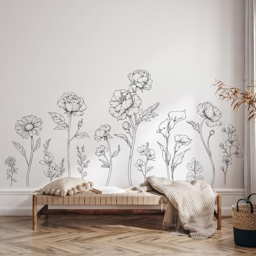 Tanlaby Black and White Flowers Wall Stickers Simple Floral Wall Decals Rose Daisy Wildflowers Peel and Stick Art Decor for Girls Bedroom Living Room Office TV Sofa Backdrop