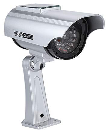 Qukaim Telecamera finta a circuito chiuso, alimentata a energia solare, telecamera di sicurezza CCTV per esterni con luce LED, finta telecamera di sicurezza per casa e lavoro, argento