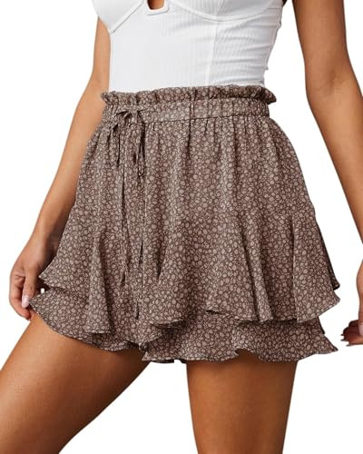 Oyamiki Women's Skirts Pleated Summer Shorts Ruffle Elasticated Waist Brown Mini Flared Layered Skater Skirt with Drawstring S