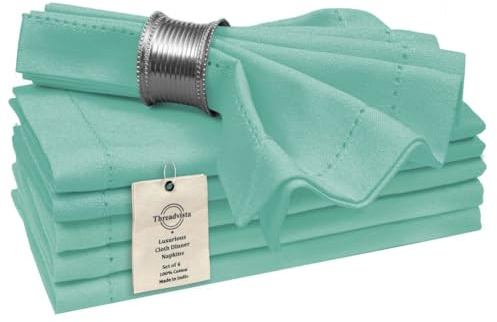 Threadvista 100% Cotton Hemstitch Cloth Dinner Napkins Set of 6 - Perfect for Dining Special Occasions Wedding Holidays Christmas - Soft Durable Washable - Table Cloth Napkins 46x46 cm Turquoise