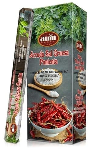 Incienso Ruda, Sal Gruesa y Pimienta AUM Fragrances - Caja de 6 cajitas de Incienso de 20 barritas - contra Mal de Ojo y energías negativas - HOSTENATURA