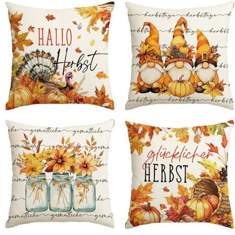 Artoid Mode Kürbisse GNOME Truthahn Herbst 45x45 cm 4er Set Kissenbezüge | Saisonal Blumen Vasen Fall Zierkissenbezug Cushion Cover Couch Wohnzimmer Deko