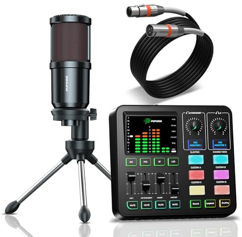 PUPGSIS Podcast-Paket mit Audio-Mischpult, dynamisches XLR-Mikrofon, Vorverstärker, Bluetooth 5.3