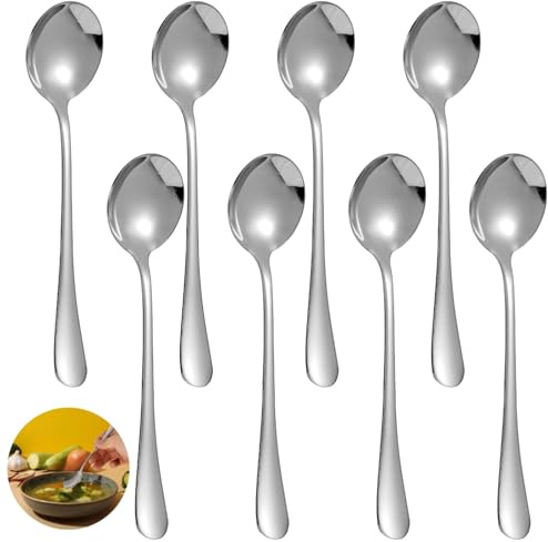 Lot de 8 cuillères à soupe ergonomiques en acier inoxydable à tête ronde avec manche long - Idéal pour servir des aliments liquides lors de buffets et de rassemblements