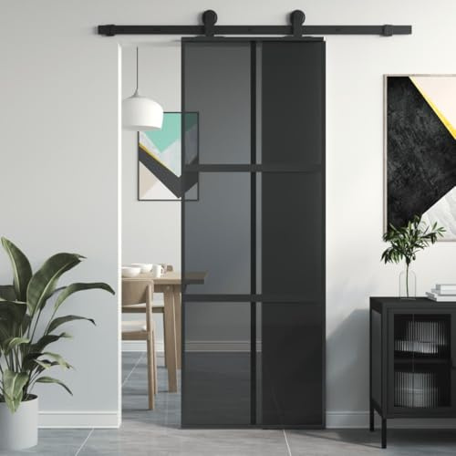 Gecheer Porta Scorrevole Nera 76x205 cm in Vetro Temperato e Alluminio,Porta da Interni,Porte Interne,Porta Interna in Vetro,Porta per Bagno Cucina Studio,P155213