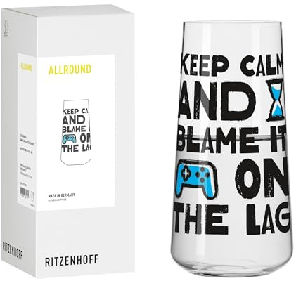 RITZENHOFF 8151001 Wasserglas 600 ml, Serie Gamers, Allroundglas Nr. 1 mit lustigem Spruch Keep calm and blame the lag, bunt