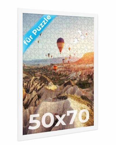 PHOTOLINI Bilderrahmen 50x70 Weiss, Puzzle Rahmen 70x50 Holz MDF mit Acrylglas, Bilderrahmen Puzzle 1000 Teile 50x70 zum Aufhängen, Puzzlerahmen 500-1000 Teile - ideal für Galerie