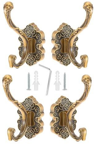 bowarepro 4pcs Antique Brass Coat Hooks Heavy Duty Wall Mounted | Vintage Hooks Rust Resistant Finish, Easy Installation Kit Included, Bathroom Kitchen Entryway Decor