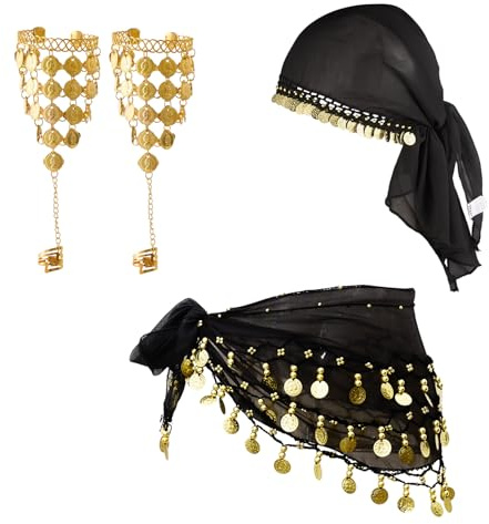 phnydreg 3Pcs Belly Dancer Outfit Set Belly Dance Chiffon Hip Scarf Head Scarf Bracelets Fortune Teller Jewelry for Women Halloween Cosplay Party