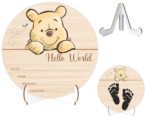 Winnie Baby Wooden Newborn Birth Sign, The Pooh Baby Announcement Sign, Babies Name Plaques Photography Prop, Winnie Hello World Newborn Signs, Pooh Double Sided Hello World for New Mom Babies