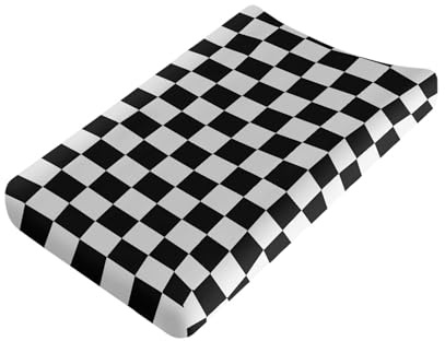 Black and White Checkered Changing Pad Cover for Baby Girls Boys Cartoon Breathable Diaper Change Table Sheet Soft Stretchy Cute Change Table Mat Cover Fit 32x16