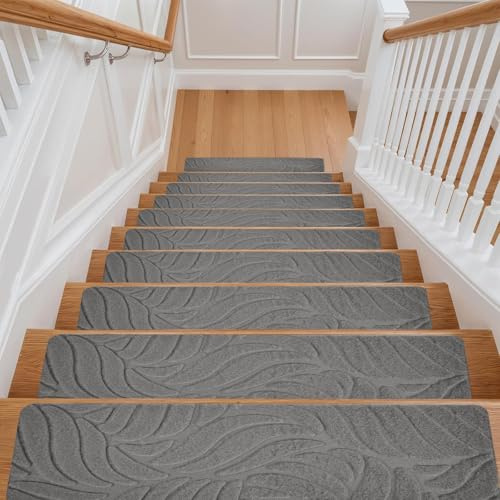 M.J COMFY-LIFE Stair Tread Pads Stair Mats Carpet Non-slip Step Protectors Reusable Stair Runner Rugs Covers Stair Protection Mats for Home Indoor Pets Kids Elders (Grey-Leaf Print, 15pcs-55x19cm)