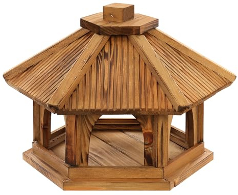 Sechseckiges Vogelhaus aus Holz, Futterstation für Wildvögel, Garten Vogelfutterhaus zum Stellen, Traditionelles Design