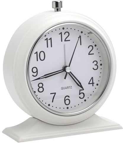 HENGBIRD Liten väckarklocka 10 cm retro väckarklocka analog utan tickande med ljus tyst metallbordsklocka för hylla sängbord sovrum (vit)