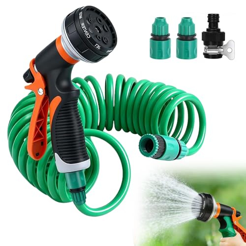 Hojalis Tuyau Arrosage Extensible 10M, Tuyaux d'Arrosage Spiralé avec Lance d'arrosage, Tuyau Arrosage Retractable avec 8 Modèles de Pulvérisation, pour Jardin Irrigation Nettoyage Laver la Voiture