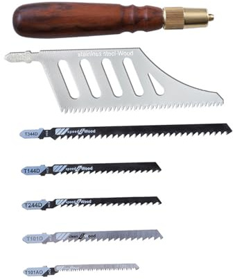 FILFEEL Professional Detachable Hand Saw with 6 High Carbon Steel Blades – Curved & Straight Cutting Woodworking Tool with Ergonomic Hexagonal Wood Handle and Brass Clamp Head for Joinery