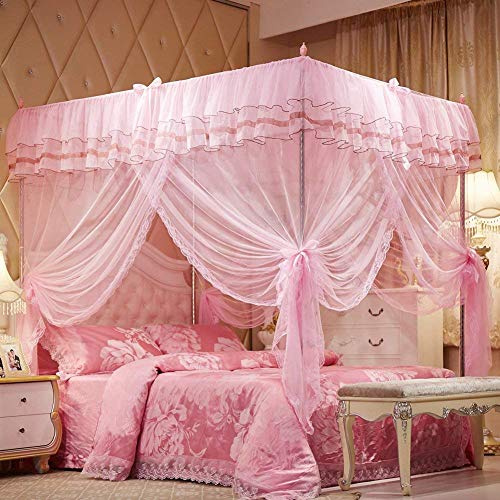 Uozzi Bedding Betthimmel mit 4 Ecken, rosa Betthimmel, Bettvorhang für Mädchen und Erwachsene, niedlich, gemütlich, quadratisch, für Doppelbett, 4 Öffnungen, 114,3 cm B x 203,2 cm L, Moskitonetz,