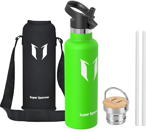 Sparrow Edelstahl Trinkflasche- 0.5L/0.75L/1L- Thermosflasche mit Strohhalm | Wasserflasche Auslaufsicher, Thermoskanne BPA-Frei & Kalt & Heiß - TwistTrail mit Trinkhalmdeckel, Ringdeckel &Sleeve