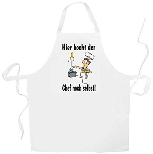 ShirtShop-Saar Hier KOCHT DER Chef NOCH SELBST; Grillschürze (Latzschürze, Kochschürze), weiß