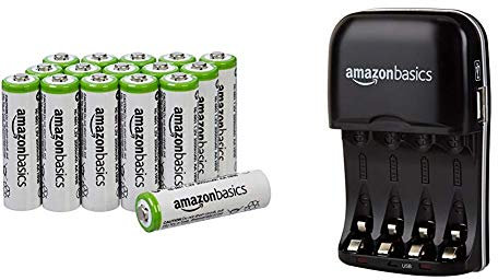 Amazon Basics AA Pre-charged Rechargeable Batteries 2000 mAh [Pack of 16] (Packaging may vary) & Ni-MH AA & AAA Battery Charger With USB Port