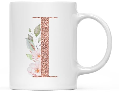 Andaz Press 11oz. Coffee Mug Gift, Pink Watercolor Roses with Faux Rose Gold Glitter Monogram Letter I, 1-Pack, Includes Gift Box, Christmas Birthday Mother's Day Graduation Coworker Present Ideas