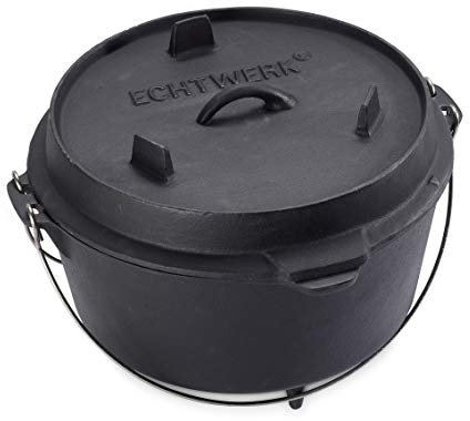 ECHTWERK Pentola olandese per barbecue da 8 L circa, già cotta - precostituita, coperchio con manico in acciaio inox utilizzabile come padella, pentola per barbecue per uso esterno, Big-Edition, ghisa
