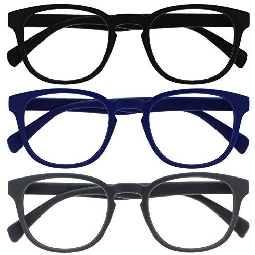 OPULIZE POP Reading Glasses for Women Men,Scratch Resistant Round Matt Frame with Spring Hinges, Black, Blue, Grey +2.00 (Pack of 3)