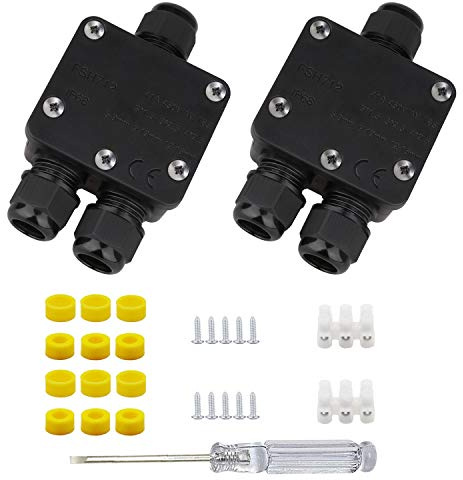 Helunsi 2 Pcs Waterproof Junction Box 3 Way, IP68 External Waterproof Electrical Junction Box, Black Underground Junction Box Outdoor Cable Connector, for Diameter 5mm -15mm Wire Gland (Small)