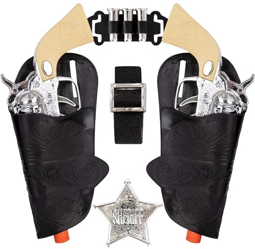 ArtCreativity Cowboy Toy Gun Holster and Belt 9 Piece Set for Kids. 2 Toy Pistols, 1 Sheriff Badge, 2 Gun Holsters, and 3 Play Bullets, 1 Adjustable Belt, Old Western Action Belt for Sheriff