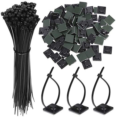 Faburo Bridas Plastico, Nylon Bridas Negras Reutilizables *100 + Sujeta Cables Adhesivo *100, Organizador Brida 150 mm con Pasacables Escritorio Abrazaderas Plastico Autoadhesiva para Cable Management